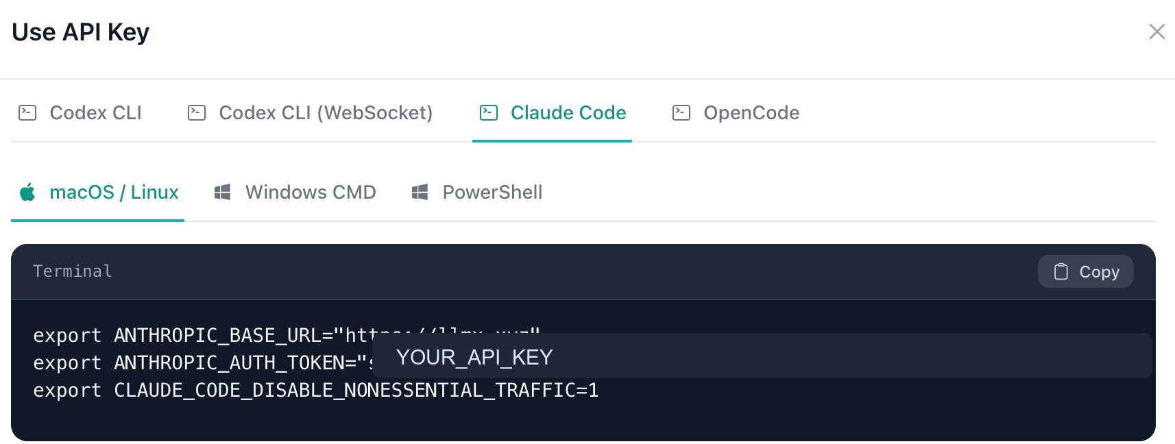 Screenshot of selecting a tool and copying the generated config